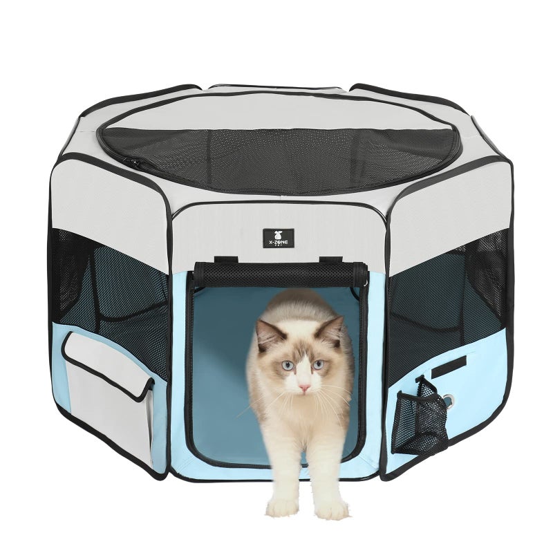 X-ZONE PET Dog Playpen Portable Pet Play Pens for Puppies, Cat, Rabbit, Chicks, Foldable Exercise Play Tent Kennel Crate, Indoor/Outdoor Travel Camping Blue Small - Image 1